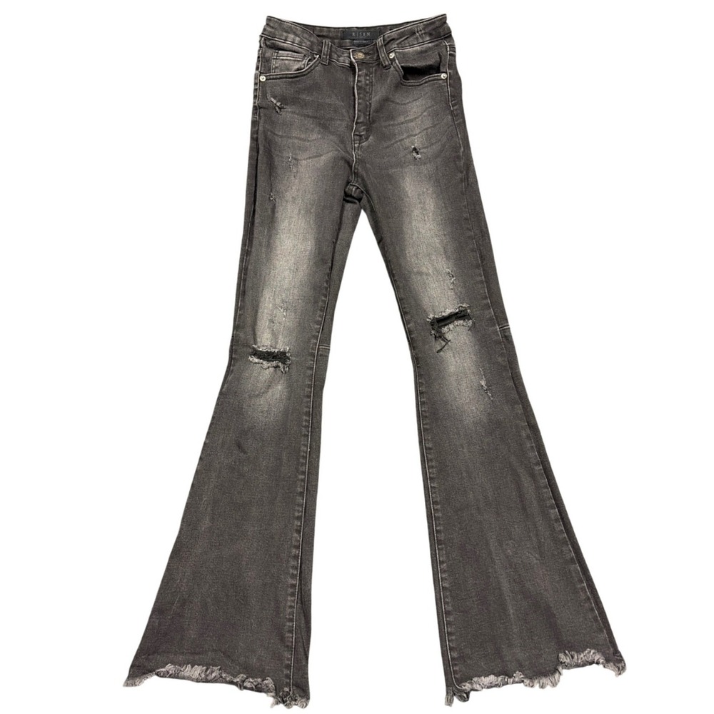 Risen Jeans Women 5/27 Black Distressed Flare Bell Bottom Raw Hem RDP1295 Boho
